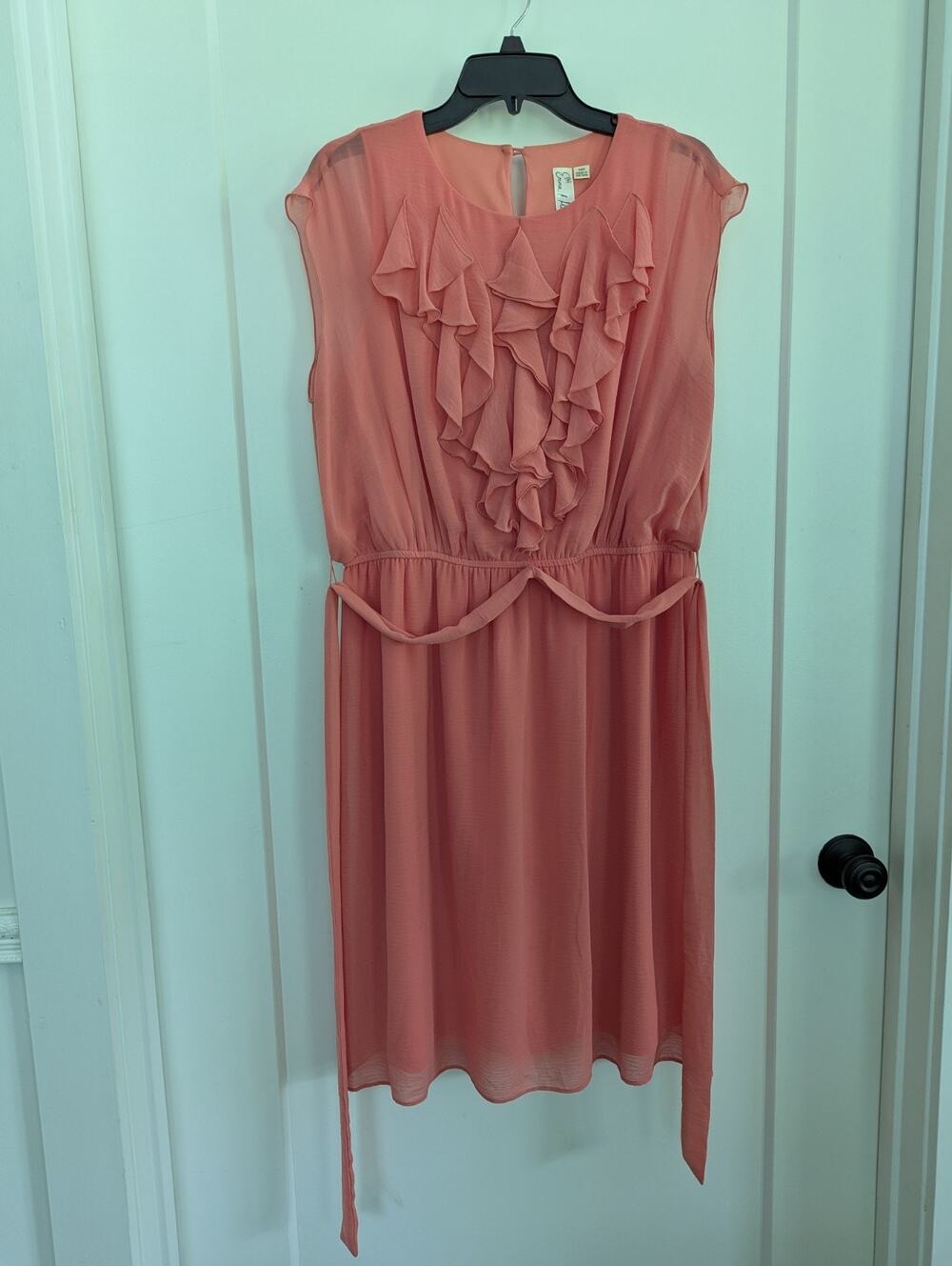 Emma & Michelle 14W Coral Knee Length Dress Sheer Ruffles Lined Preppy Wedding
